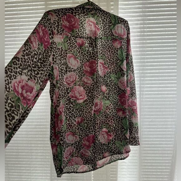 Guess M-L Brown Pink Animal Print Peony Floral Button Front Long Sleeve Blouse - Picture 8 of 13
